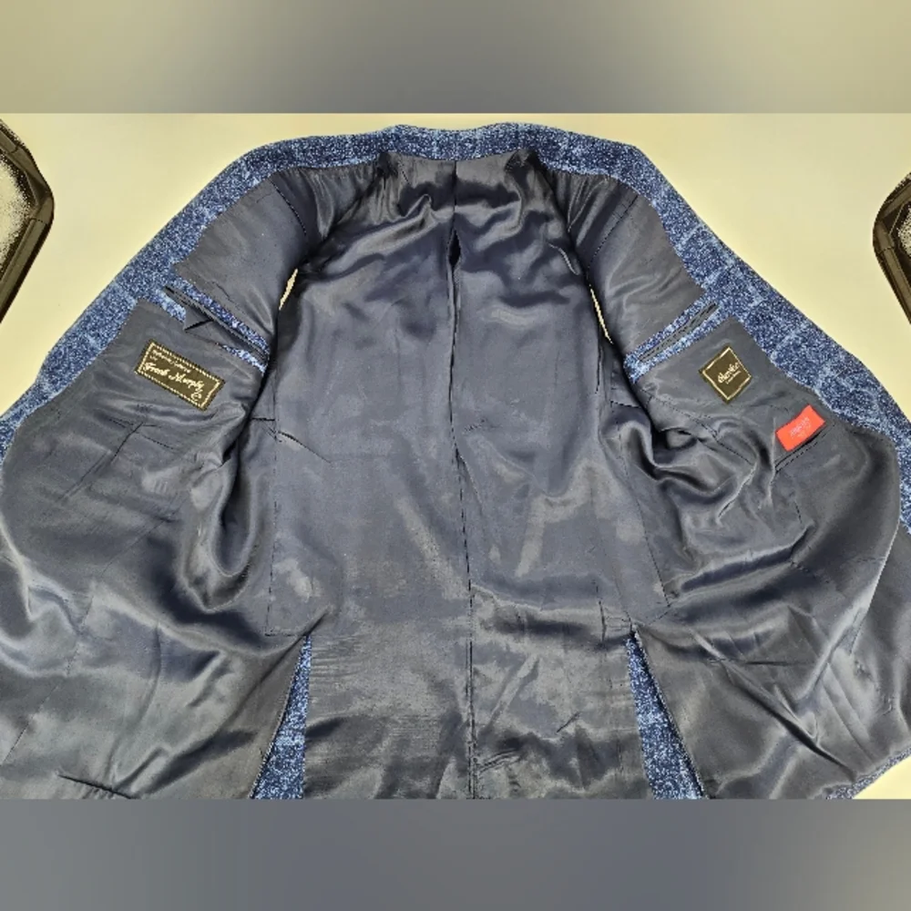 Elevee Suit Jacket Blazer Coat 44L BLUE WINDOWPANE Plaid Bespoke Custom - Picture 8 of 10